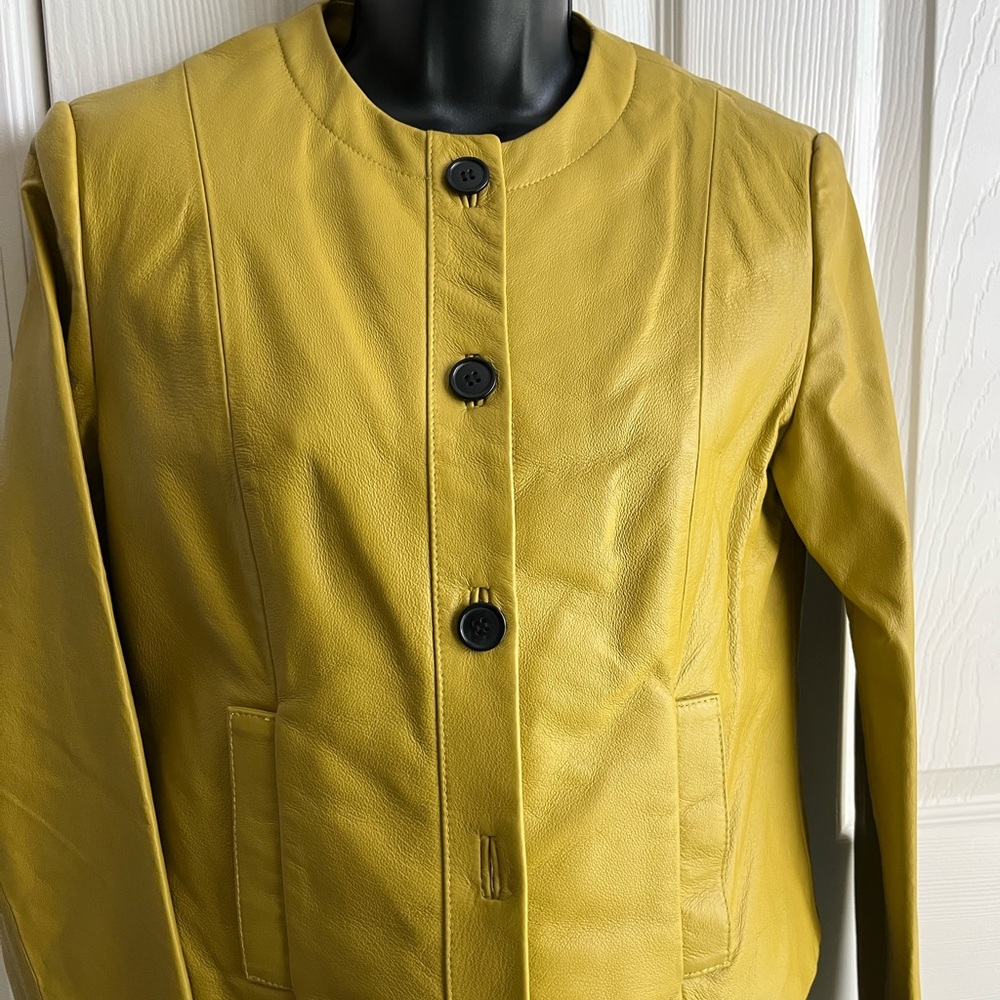 Spiegel Mustard Leather Jacket and skirt.